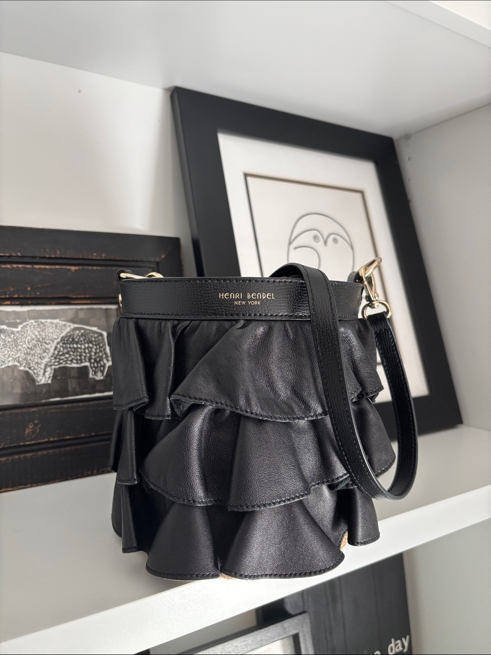 henri bendel Black Ruffled Bucket Crossbody Bag